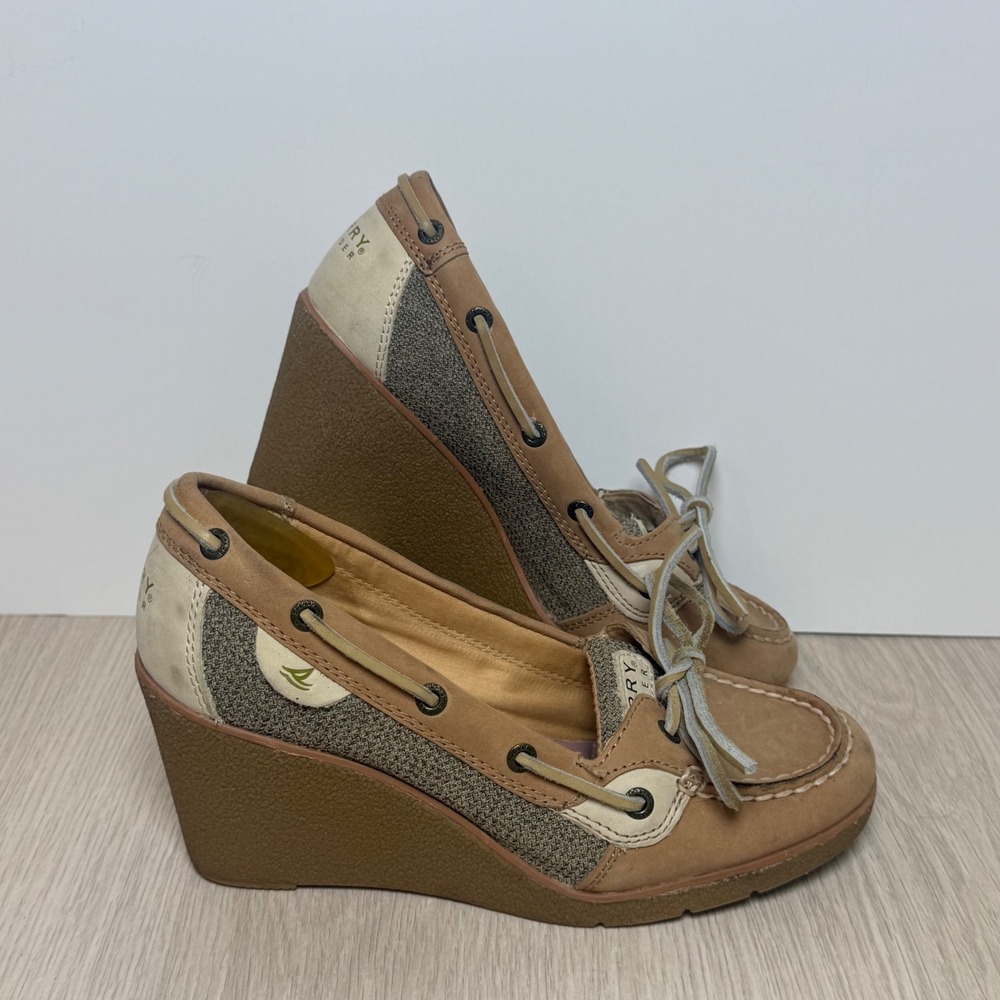 Wedge Boat Shoes Sperry Top-Sider Womens 6.5M Tan Leather Heels 9837550